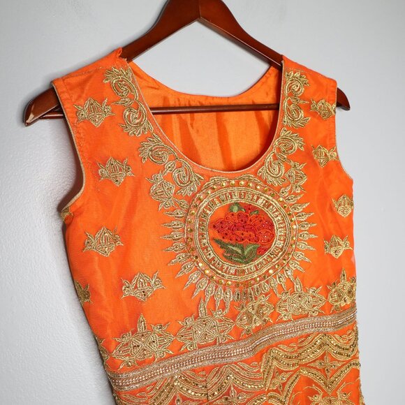 Stunning Orange & Gold Embroidered Anarkali Gown Indian Dress Suit Wedding - Picture 7 of 16